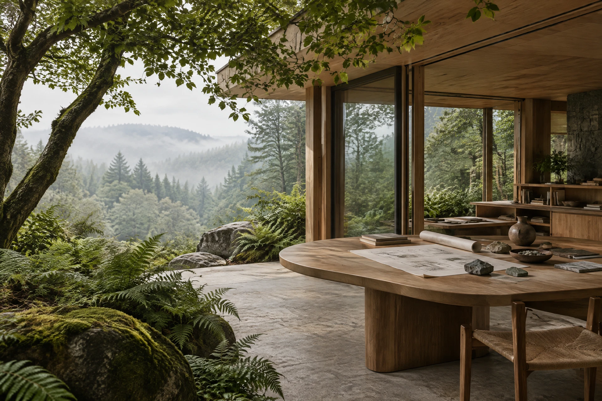 A timber design pavilion opening to a living forest canopy